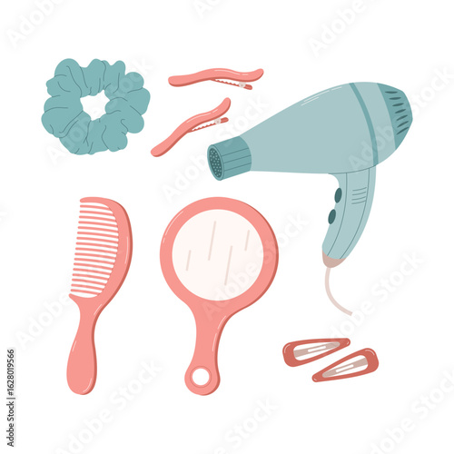 Vector set of cute pastel hair accessories and styling tools: hairdryer, comb, mirror, scrunchie, clips. Flat cartoon illustration isolated on white for beauty, self-care and salon design.