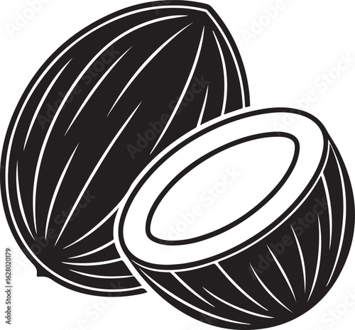 Stylized black and white illustration of a whole coconut and a halved coconut showing its white flesh and interior