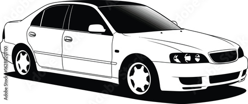 Sleek black and white sedan car illustration with dynamic shadows