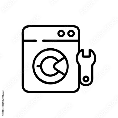 Minimalist washing machine with wrench icon, black and white, appliance repair service symbol.