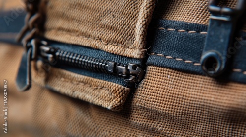 Zipper on brown canvas bag with black leather trim, close up