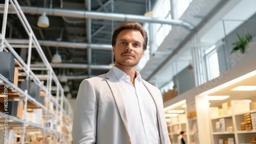 Wallpaper Mural A man dressed in a smart suit looks upward with a thoughtful expression while standing in a spacious, modern office filled with bookshelves and bright natural light. Colleagues work in the background Torontodigital.ca
