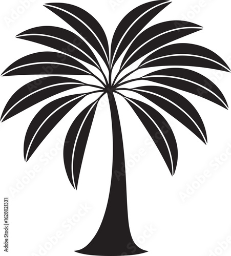 Stylized silhouette of a tropical palm tree with wide fronds and a thick trunk against a white background