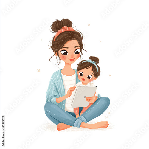 Cartoon mother and daughter with matching hair accessories using a tablet