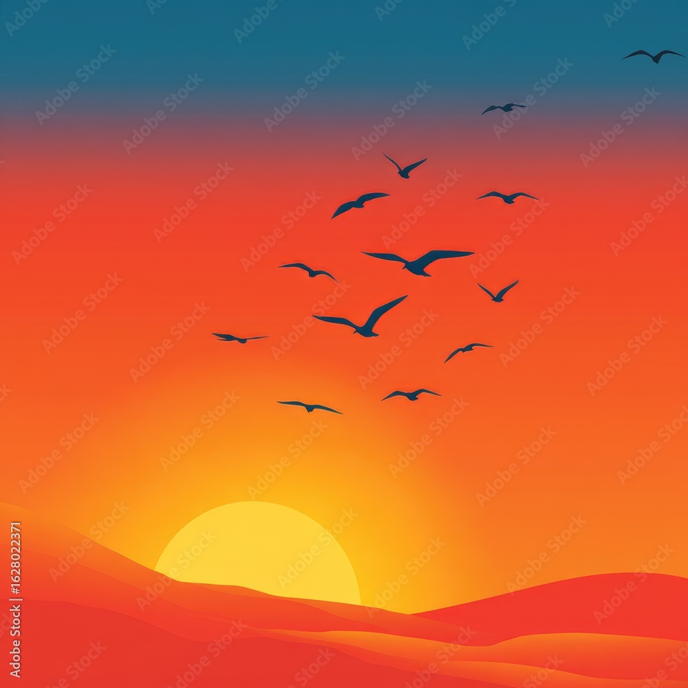 Obraz premium Birds fly over a vibrant sunset landscape