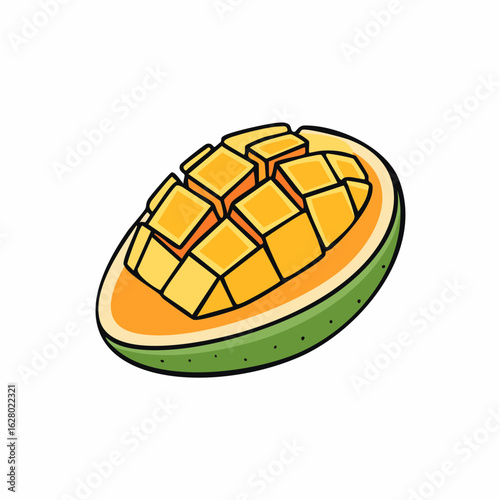 Illustration of a Freshly Cut Mango: Depicting Delicious Slices on White Background