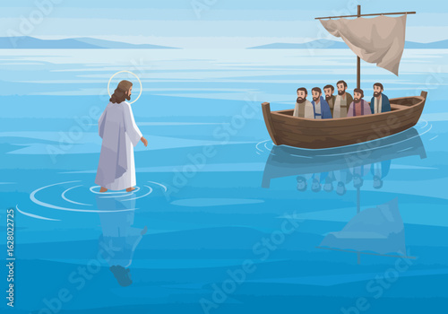 Jesus Walking on Water Back View Halo White Robe Illustration.