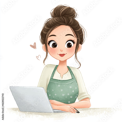 Cartoon Woman with Bun Apron and Laptop Surrounded by Hearts