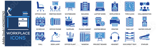 Workplace icon collection set. Containing design Office Desk, Office Chair, Meeting Room, Whiteboard, Office Building