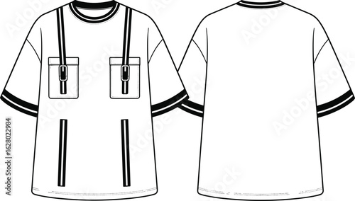 T-shirt front and back view, double sleeve stripes, dual flap pockets, buckle strap accents, vertical shoulder lines, round neck, urban fashion apparel mockup.