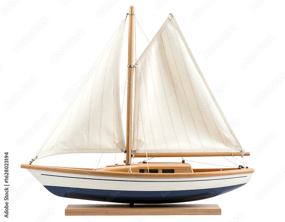 Obraz premium A detailed wooden sailboat model with white sails on a stand.