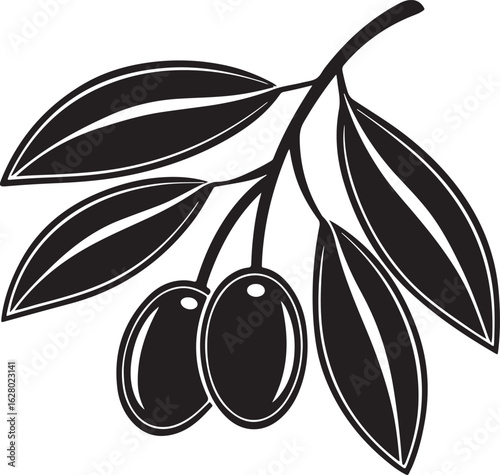 Stylized black and white illustration of an olive branch with two olives and five leaves evoking simplicity and natural beauty