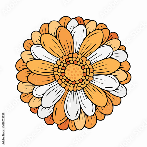 A stylized illustration of a flower with white and orange petals in full bloom against a white background