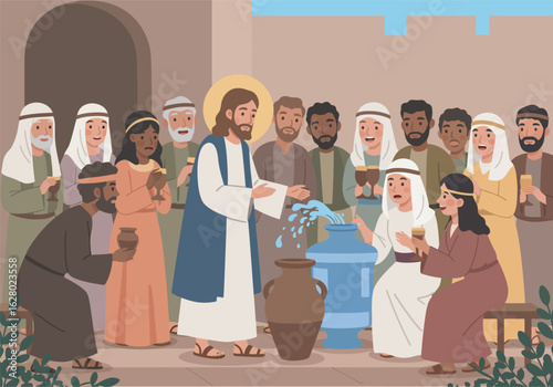 Jesus Transforming Water into Wine at a Wedding Feast.