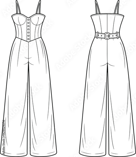 Women's jumpsuit technical drawing, front and back view, wide-leg pants, sweetheart neckline, corset bodice, thin straps, belt design, garment construction illustration.
