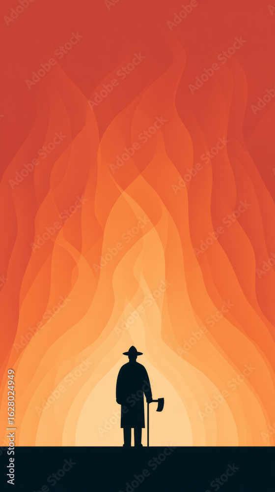 Fototapeta premium Guardian of the flames silhouette against vibrant fiery background