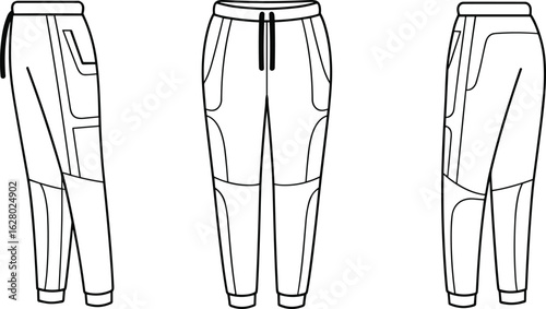 Jogger pants fashion illustration, front and side views, black and white sketch, drawstring waistband, pocket detailing, panel design, technical apparel concept, clothing art.