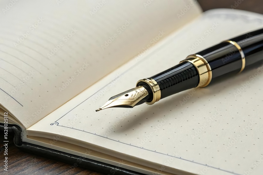 Elegant Fountain Pen on Open Notebook with Blank Pages and Lines Elegant Fountain Pen on Open Notebook with Blank Pages and Lines