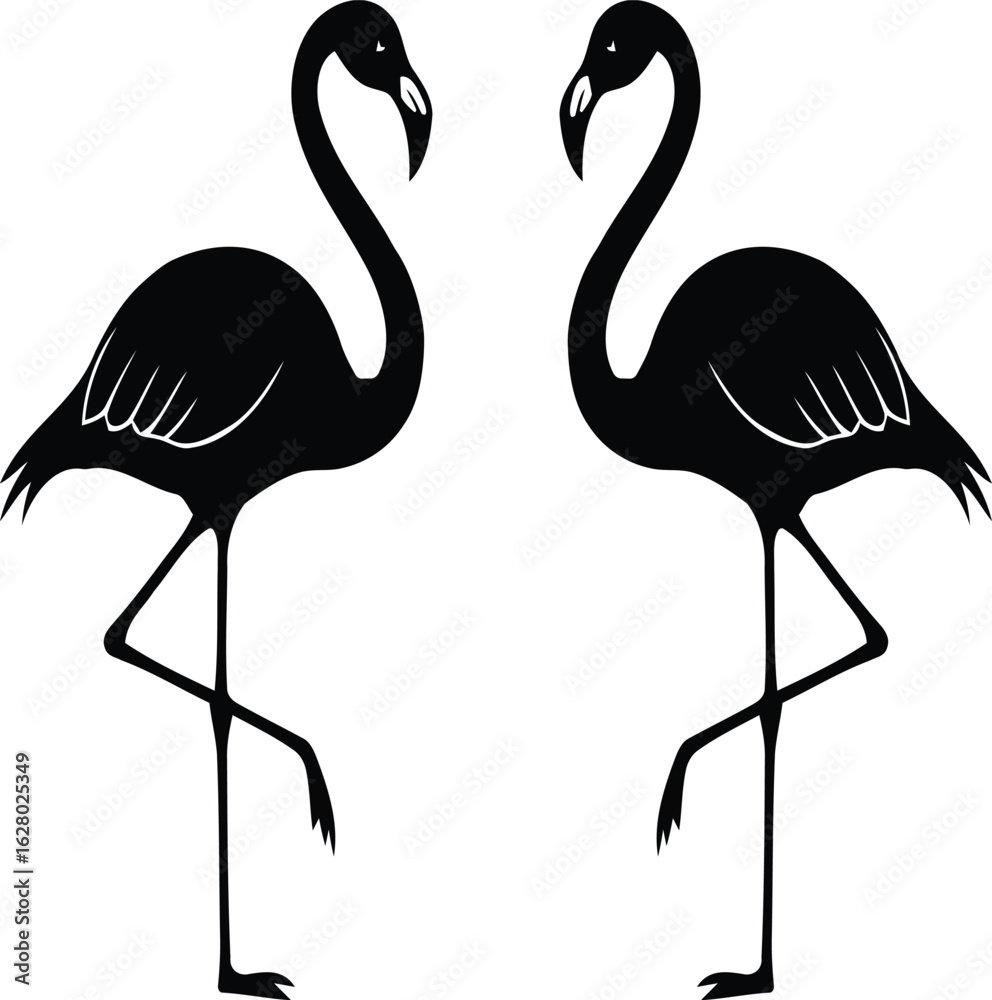 Obraz premium A stylish black silhouette illustration of two flamingos standing gracefully. This design captures the elegance of these birds and is perfect for tropical-themed projects.