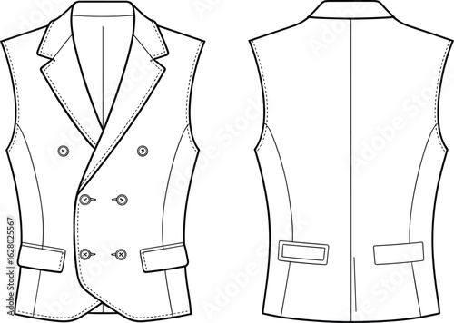 Formal men's vest technical drawing, double-breasted design, notched lapel, tailored garment construction, front and back view, classic fashion sketch, sewing pattern illustration.