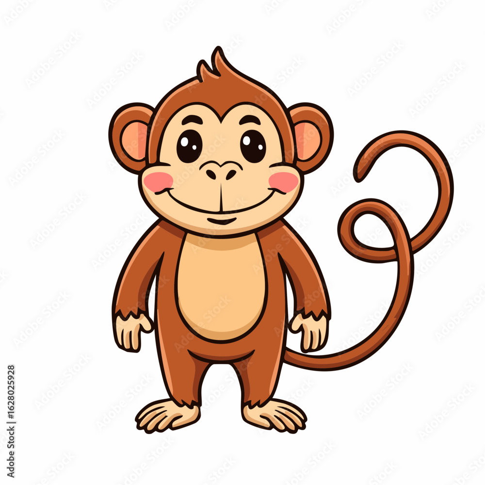 Fototapeta premium Adorable Cartoon Monkey Standing with a Cute Smile and Curly Tail Illustration