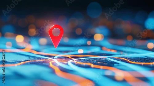 3D location pin over a glowing digital map with network lines, representing GPS, navigation, geolocation, tracking, and smart city connectivity.