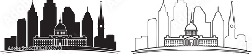 City skyline silhouette and sketch with iconic buildings