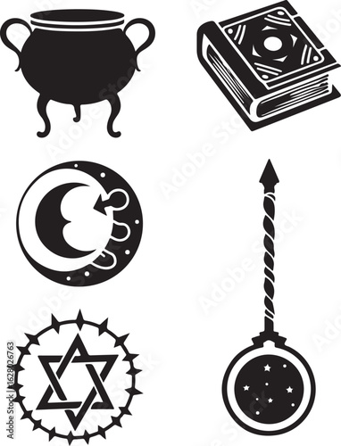 Mystical symbols cauldron book moon star staff pentagram