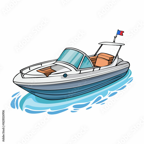 Illustrative cartoon motorboat cruising through blue waters, a vibrant nautical adventure