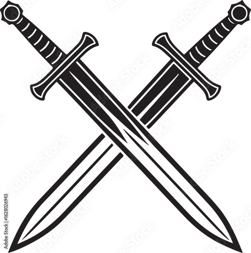 Two crossed medieval swords with ornate handles and sharp blades symbolizing combat and strength in a bold black and white illustration