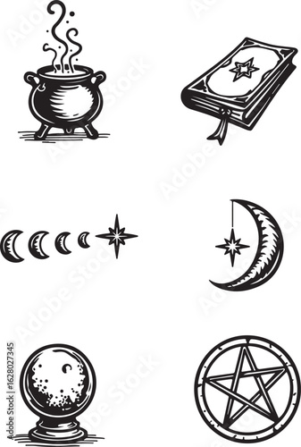 Magical symbols: cauldron, book, moon, star, crystal ball, pentagram