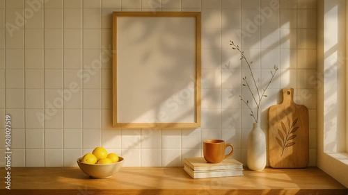 Mockup of a blank poster on a wall above a rustic wooden table featuring a wooden spoon and a bowl of fresh lemons in a natural kitchen setting