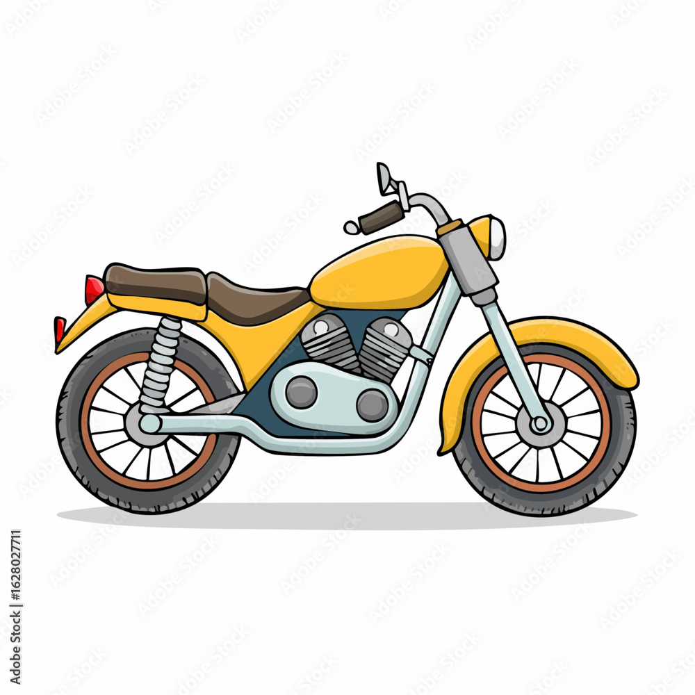 Fototapeta premium Cartoon motorcycle illustration showcasing a yellow cruiser bike on a white background