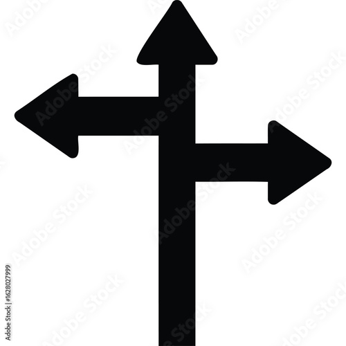 A black directional sign with three arrows pointing left right and up on a white background image design silhouette