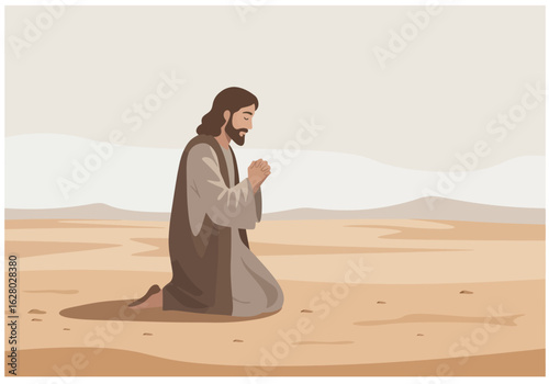 Kneeling Man in Brown Robe Praying in Desert.