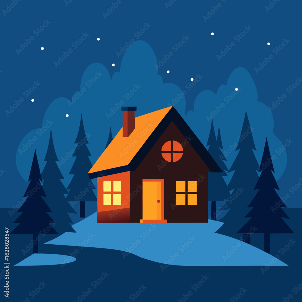 Fototapeta premium Cozy winter cabin nestled in a snowy forest glade, with a warm glow emanating from its windows vector landscape background.