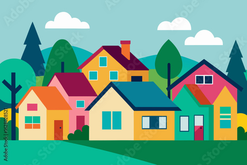 Colorful flat design houses and trees in a suburban neighborhood landscape