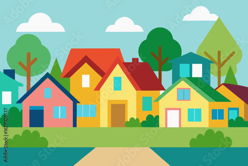 Colorful cartoon houses in a suburban neighborhood with trees and clouds