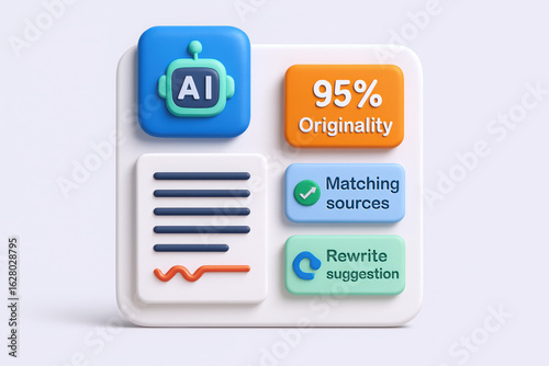 Colorful 3D illustration of AI features showing originality, source matching, and rewrite suggestions.