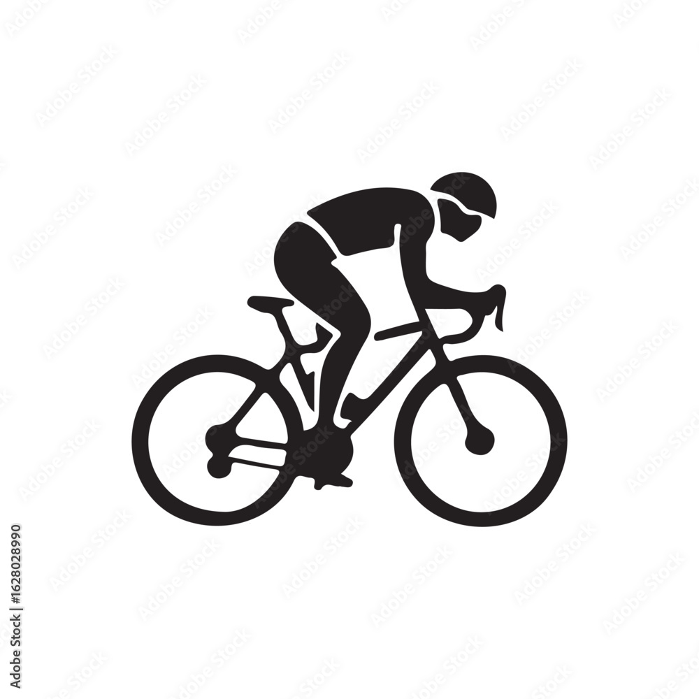 Naklejka premium Silhouette of a Cyclist Riding a Road Bike.A bold, black silhouette of a cyclist in a dynamic riding position on a road bike.