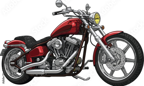 Sleek custom red motorcycle illustration with powerful engine detail art