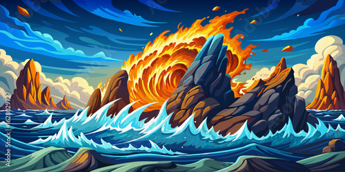 sea waves and volcanic fire at day time with beautiful sky and clouds cartoon, ocean wallpaper