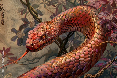 2025 New Year of the snake, Chinese metal snake, 2d game art, comic-inspired
