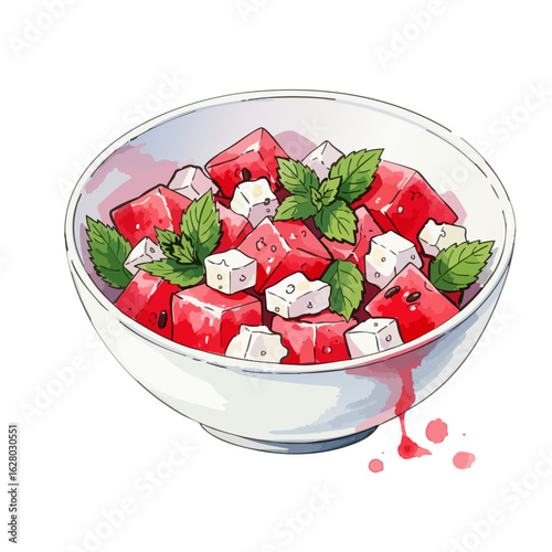 A bowl of watermelon feta salad on a White Background- Watercolour Art