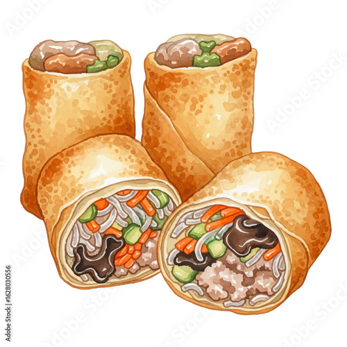 Deep fried spring rolls on a White Background- Watercolour Art