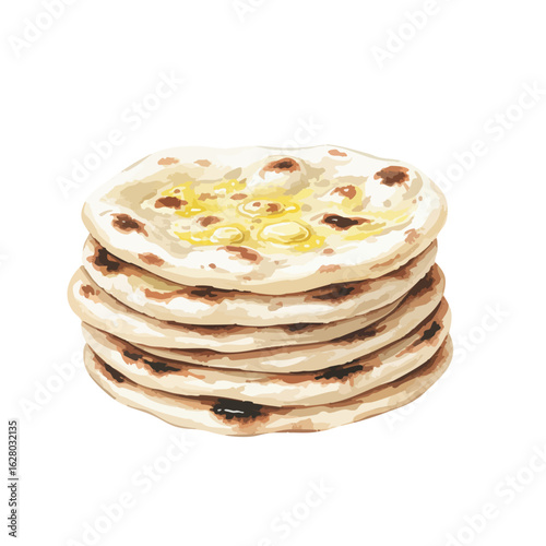 Stack of Naans/ breads on a White Background- Watercolour Art