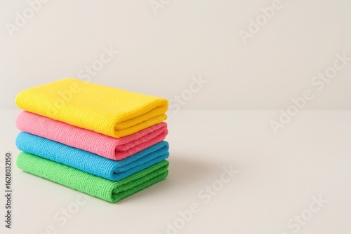 Stack of colorful cleaning cloths neatly folded on a bright surface, positioned to the left with empty copy space on the right. Ideal for cleaning services, household branding, and product visuals.