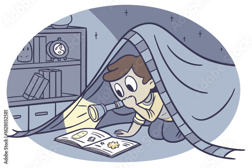 A curious child reading a comic book under a blanket with a flashlight, cartoon style