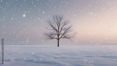 Lonely Snow Tree in Serene Winter Landscape

