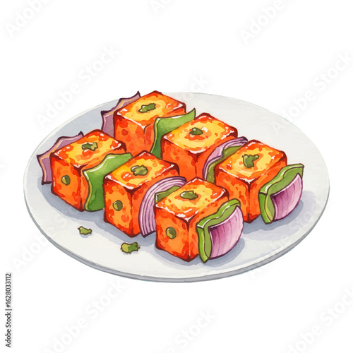 Paneer Tikka on a plate on a White Background- Watercolour Art